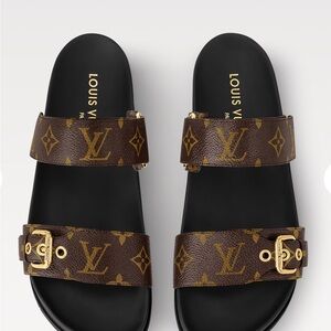 Louis Vuitton Brown and Gold Monogram Slides